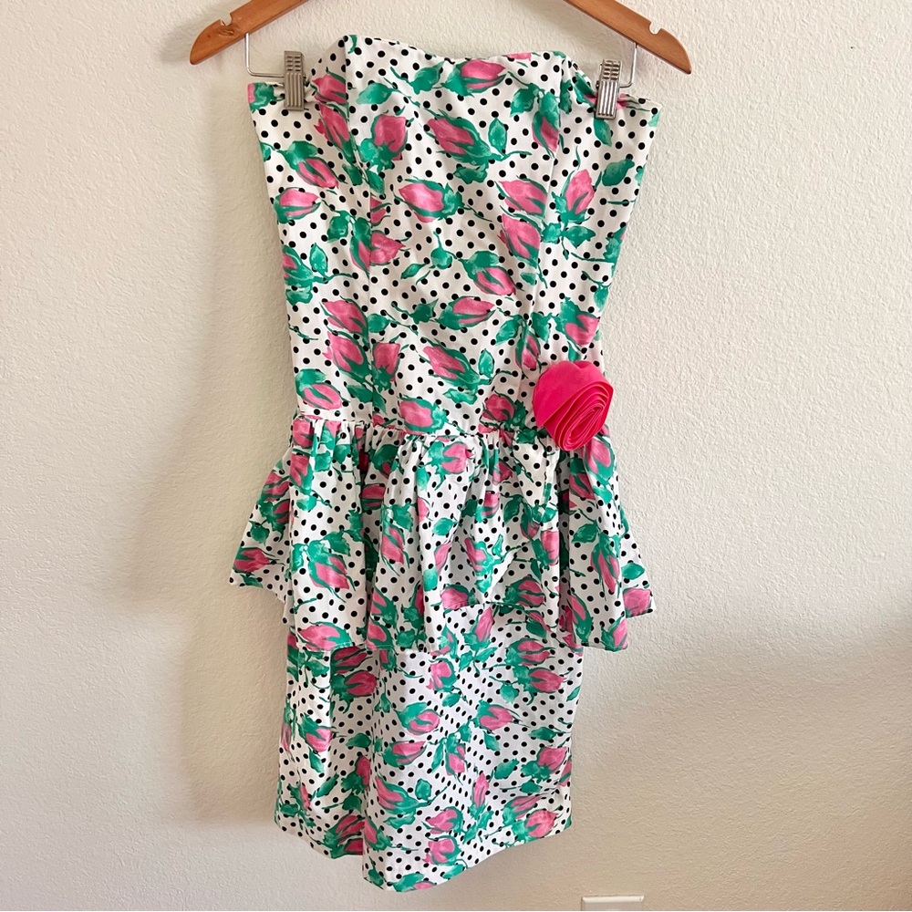 Vintage 1980s Polka Dot Floral Peplum Prom Dress Sz M - Picture 2 of 6